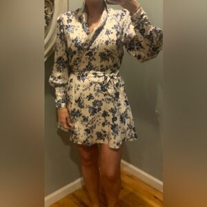 Lena White and Blue Floral Wrap Dress